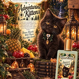 May include: A rectangular 15 ml glass perfume bottle labeled Velour Kittens Adventurine Kittens featuring a black kitten with a green plaid bow. The label displays a pineapple, red apples, and a forest scene. The bottle has a gold cap.