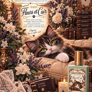 May include: A 50 ml bottle of Velour Kittens Fleurs et Cuir eau de parfum featuring a kitten illustration on the label. The bottle is light green with a gold cap, surrounded by white flowers, lavender, lace, and a brown leather trunk.