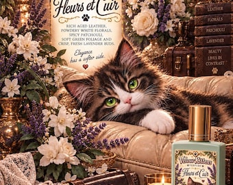 May include: A 50 ml bottle of Velour Kittens Fleurs et Cuir eau de parfum featuring a kitten illustration on the label. The bottle is light green with a gold cap, surrounded by white flowers, lavender, lace, and a brown leather trunk.