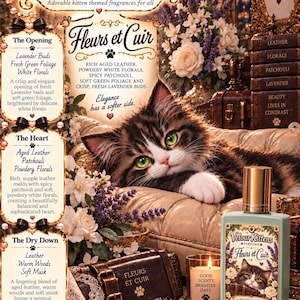 May include: A 50 ml bottle of Velour Kittens Fleurs et Cuir eau de parfum featuring a kitten illustration on the label. The advertisement includes text describing fragrance notes of leather, florals, patchouli, lavender, and musk, alongside a brown leather case, a candle, and a fluffy kitten resting on a cream-colored surface.