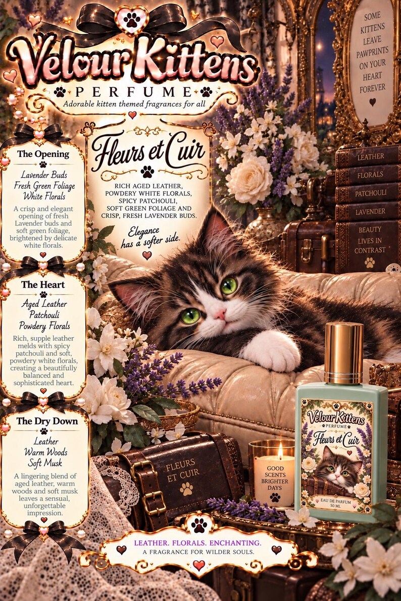 May include: A 50 ml bottle of Velour Kittens Fleurs et Cuir eau de parfum featuring a kitten illustration on the label. The advertisement includes text describing fragrance notes of leather, florals, patchouli, lavender, and musk, alongside a brown leather case, a candle, and a fluffy kitten resting on a cream-colored surface.