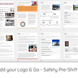 May include: A collection of twelve pages with text and images, each with a white background and a red border. The pages cover safety topics, including winter slip and fall prevention. The phrase "Add your Logo & Go - Safety Pre-Shift Topics" is at the bottom.