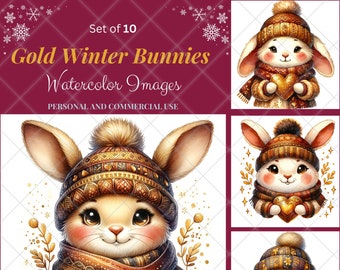 Gold-Toned Winter Bunnies, DIY Clip Art Images, Commercial Use, High-Quality Jpegs, AI