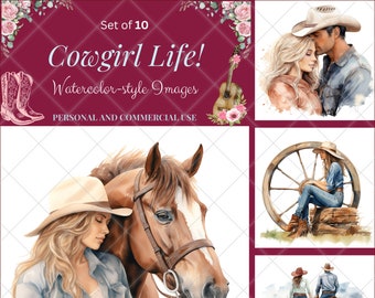 Cowgirl Life, 10 jpegs aquarelles de haute qualité, utilisation commerciale, POD, clipart DIY, scrapbooking, conception de cartes, art mural, invitations et plus encore !