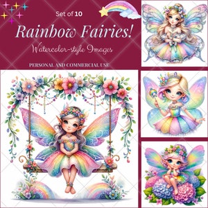 Regenbogen Feen, Bilder im Aquarell-Stil, hochwertige JPEGs, kommerzielle Nutzung, POD, Design-Elemente, DIY Clip Art, Grußkarten und mehr.