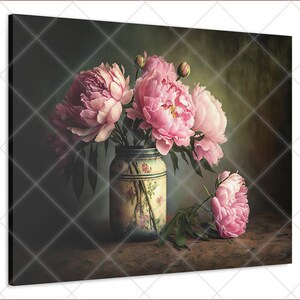 Pink Peony Canvas Print: Vintage Jar Still Life Wall Art