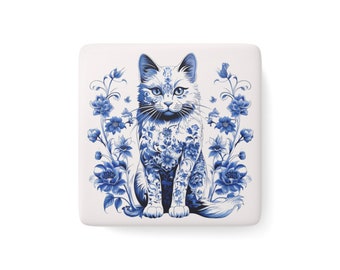 Porcelain Fridge Magnet | Square | Delft blue style | Magnetic Ceramic Tile | Cat | Refrigerator Magnet | Gift Ideas  | For Office