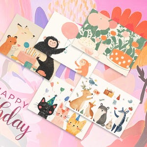 Druckbare alles Gute zum Geburtstag Flache Karte 5er Pack | Grußkarten im Multipack | Digitale Kunst | Journal Karten |  Ansichtskarten