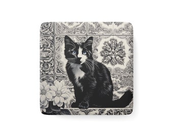 Porcelain Fridge Magnet | Square | Delft black style | Magnetic Ceramic Tile | Cat | Refrigerator Magnet | Gift Ideas  | For Office