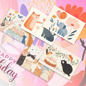 Druckbare alles Gute zum Geburtstag Flache Karte 5er Pack | Grußkarten im Multipack | Digitale Kunst | Journal Karten |  Ansichtskarten