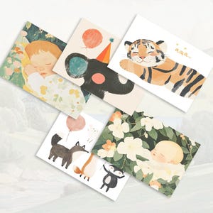 Baby Shower Flache Karte 5er Pack | Grußkarten im Multipack | Digitale Kunst | Journal Karten |  Ansichtskarten