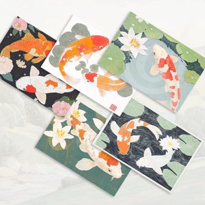 Paquete de 5 tarjetas planas imprimibles con forma de pez koi de la suerte / Paquete múltiple de tarjetas de felicitación / Arte digital / Tarjetas de diario / Postales / Tarjetas de buena suerte
