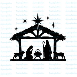 Clipart de vacaciones: silueta de pesebre navideño negro: Niño Jesús, María, José, Estrella del Norte - Descarga digital svg png