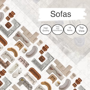 Könnte beinhalten: Draufsicht auf verschiedene Sofadesigns in neutralen Farben, darunter Ecksofas, Zweisitzer und Sessel. Das Bild enthält den Text "Sofas", "High Quality", "PNG PSD PROCREATE", "18 Items" und "Top View".