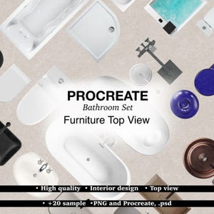 Op de afbeelding: Een bovenaanzicht illustratie van een badkamerset, met diverse witte armaturen zoals een bad, douche en toilet. De afbeelding bevat de tekst "PROCREATE Bathroom Set Furniture Top View". Extra tekst geeft "High quality" aan.