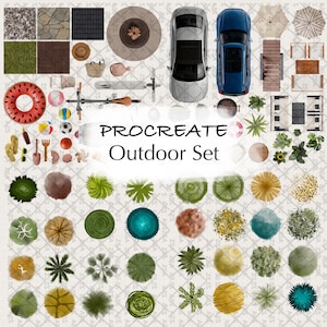 May include: An illustration of an outdoor set with various elements. Includes top-down views of cars, a bicycle, a table, and a variety of trees and plants. Beach accessories like a beach ball and a watermelon-shaped float are also present. The text "PROCREATE Outdoor Set" is displayed.