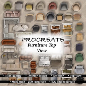 Procreate furniture set, png block, top view furniture, landscape, interior furniture top view, architecture plan, procreate block, png set