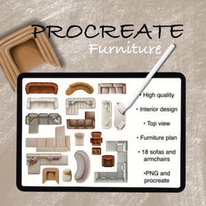 Procreate furniture pack, furniture set, archive, interior design sketch, architecture set, digital, sofa set, furniture block