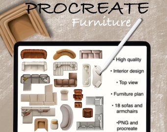 Procreate Sofa Furniture Pack: Interior Design Sketch (Digital Download) Top View PNG, Architecture Plan