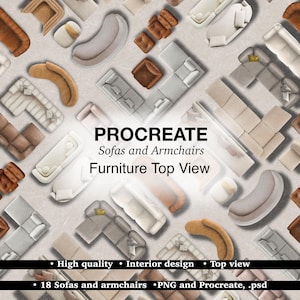 Pode incluir: Uma vista de cima de vários sofás e poltronas em diferentes estilos e cores, incluindo castanho, cinza e bege. A imagem inclui o texto "PROCREATE Sofas and Armchairs Furniture Top View". A imagem também inclui o texto "High quality Interior design Top view 18 Sofas and armchairs PNG and Procreate, .psd".