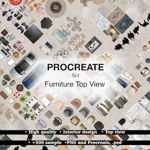 Könnte beinhalten: Eine Sammlung von Möbelillustrationen in Draufsicht, darunter Betten, Stühle, Teppiche und Autos. Das Bild zeigt den Text "PROCREATE Set Furniture Top View" und zusätzlichen Text: "High quality, Interior design, Top view, +300 sample, PNG and Procreate, .psd."