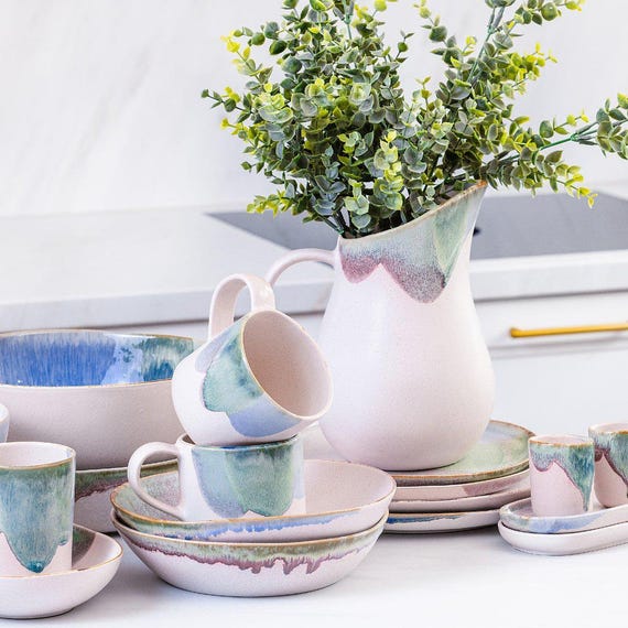 Geschirr Set Keramik, Becher, Tasse, Teller, Bowl Müslischale, tiefer Teller, in Pastell - handgemachte Keramik aus Portugal