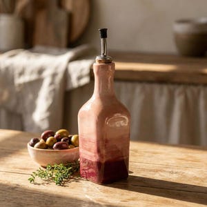 Könnte beinhalten: Eine quadratische Keramik-Ölflasche mit einem Farbverlauf von Hellrosa oben bis zu tiefem Burgunderrot an der Basis, versehen mit einem Metallausgießer und einem schwarzen Verschluss. Eine kleine Schale mit gemischten Oliven und Kräutern steht daneben.