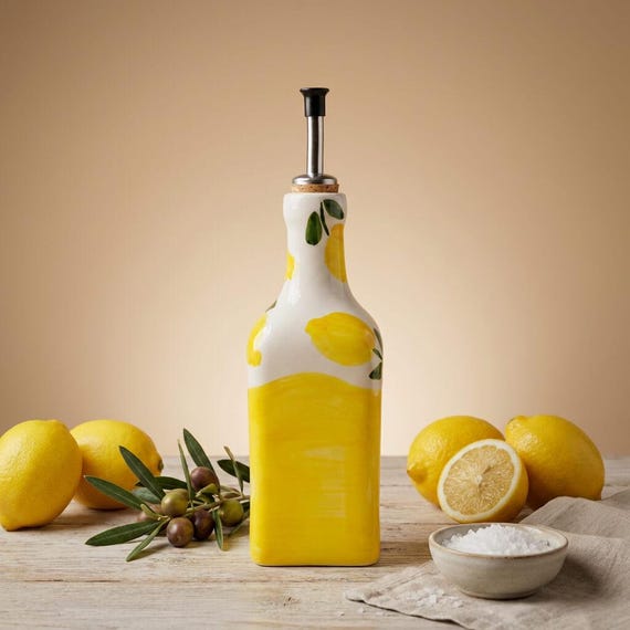 Keramik Öl Flasche, Keramik Olivenölflasche Essig 500ml Ölflasche in Limone Gelb Weiss mit Limonen - Handgemacht aus Spanien