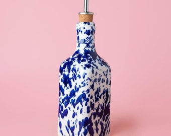 Keramik Ölflasche, Keramik Oliven Öl Flasche Essig 500ml Olivenölflasche in Persia Blau mit Farbkleksen - Handgemacht aus Spanien
