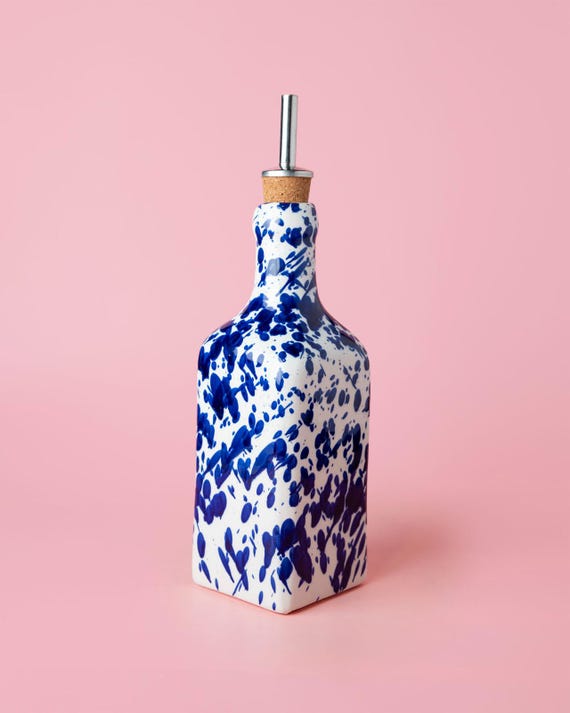 Keramik Ölflasche, Keramik Oliven Öl Flasche Essig 500ml Olivenölflasche in Persia Blau mit Farbkleksen - Handgemacht aus Spanien