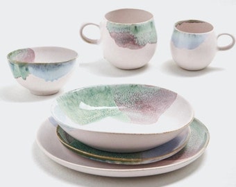 Geschirr Set Keramik, Becher, Tasse, Teller, Bowl Müslischale, tiefer Teller, in Pastell - handgemachte Keramik aus Portugal