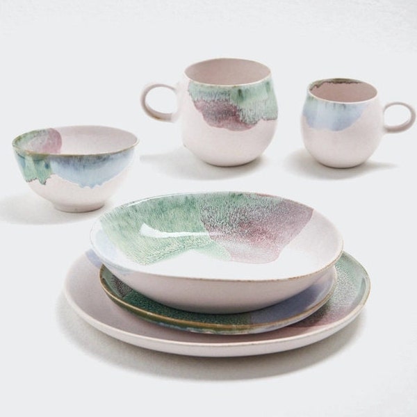 Geschirr Set Keramik, Becher, Tasse, Teller, Bowl Müslischale, tiefer Teller, in Pastell - handgemachte Keramik aus Portugal