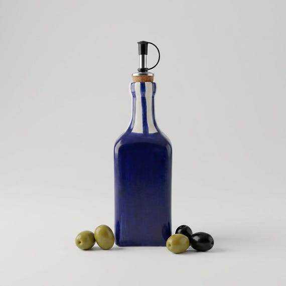 Keramik Ölflasche, Keramik Oliven Öl Flasche Essig 500ml Olivenölflasche in Azul Blau mit Streifen am Hals - Handgemacht aus Spanien