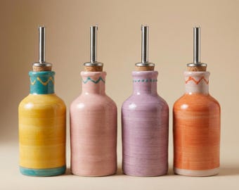 Keramik Ölflasche, Keramik Oliven Öl Flasche Essig 250ml Olivenölflasche in Pink, Gelb, Orange, Lila - Handgemacht aus Spanien