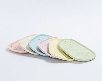 Small tray, saucer ceramic dessert plate oval party 18 cm x 12 cm in white, pink, blue, green, lilac, yellow, handmade in Portugal