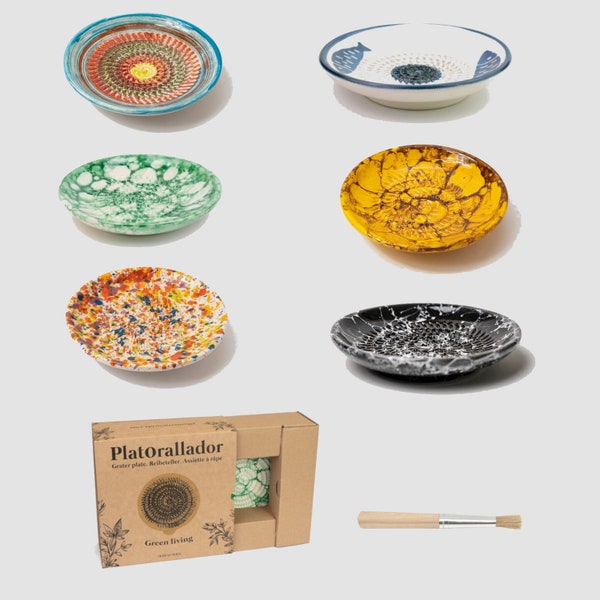 Keramikreibe, Reibeteller, Knoblauch Reibe mit Pinsel Ingwerreibe für Marinade ø12cm in Box - handgemachte spanische Reibe, Geschenkidee