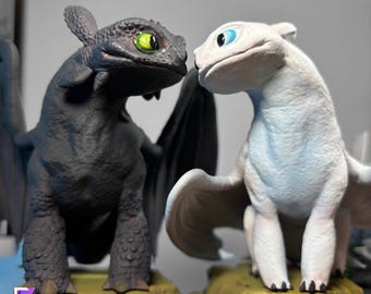 Toothless and Light Fury Statue | How To Train Your Dragon | Fantasy Dragon Figurine | Collectible Gift for Him or Her | Httyd Fanart