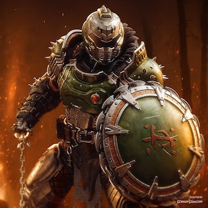 May include: A detailed image of a futuristic warrior in green and silver armour, holding a shield and a chain weapon. The warrior's helmet is intricately designed, and the shield features a symbol. The background is a fiery orange.