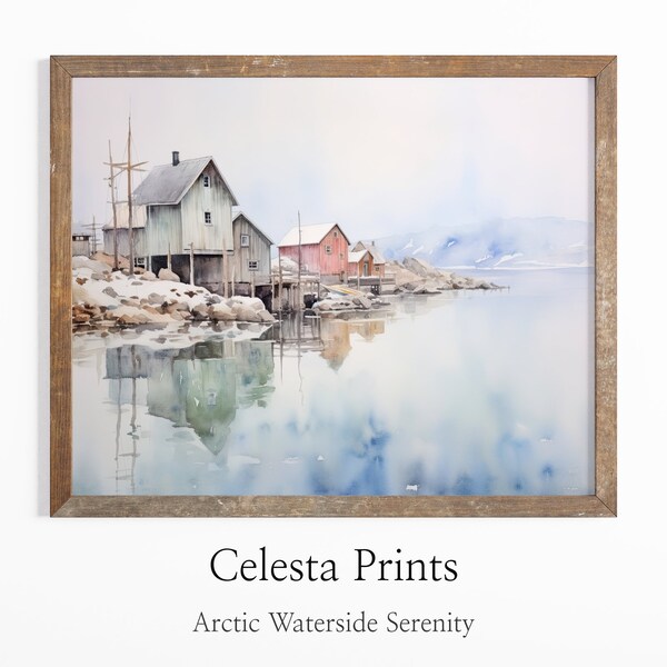 Arctic Waterside Serenity Watercolor Art, Polar Landscape Print, Northern Wildlife Decor, Downloadable Printable