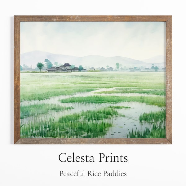 Peaceful Rice Paddies Watercolor Painting, Asian Landscape Art, Rural Decor, Downloadable Watercolor Art Printable