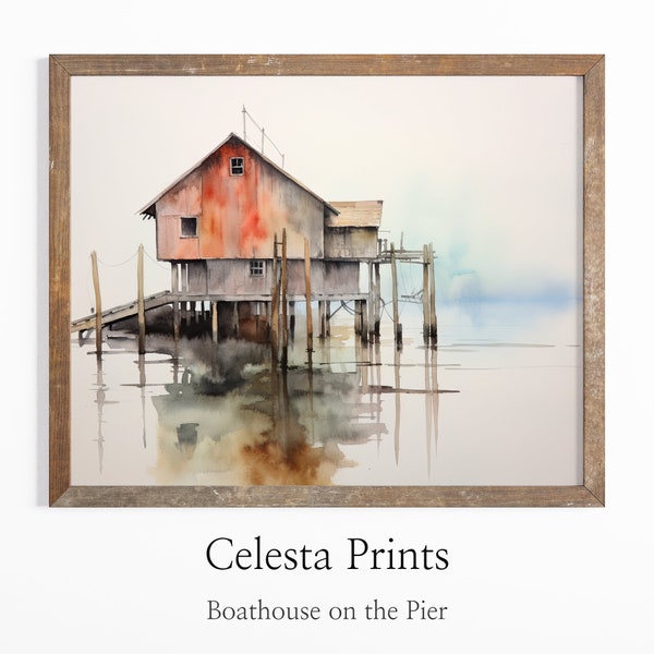 Boathouse on the Pier Watercolor Print, Lakeside Cabin Art, Nautical Decor, Downloadable Watercolor Art Printable