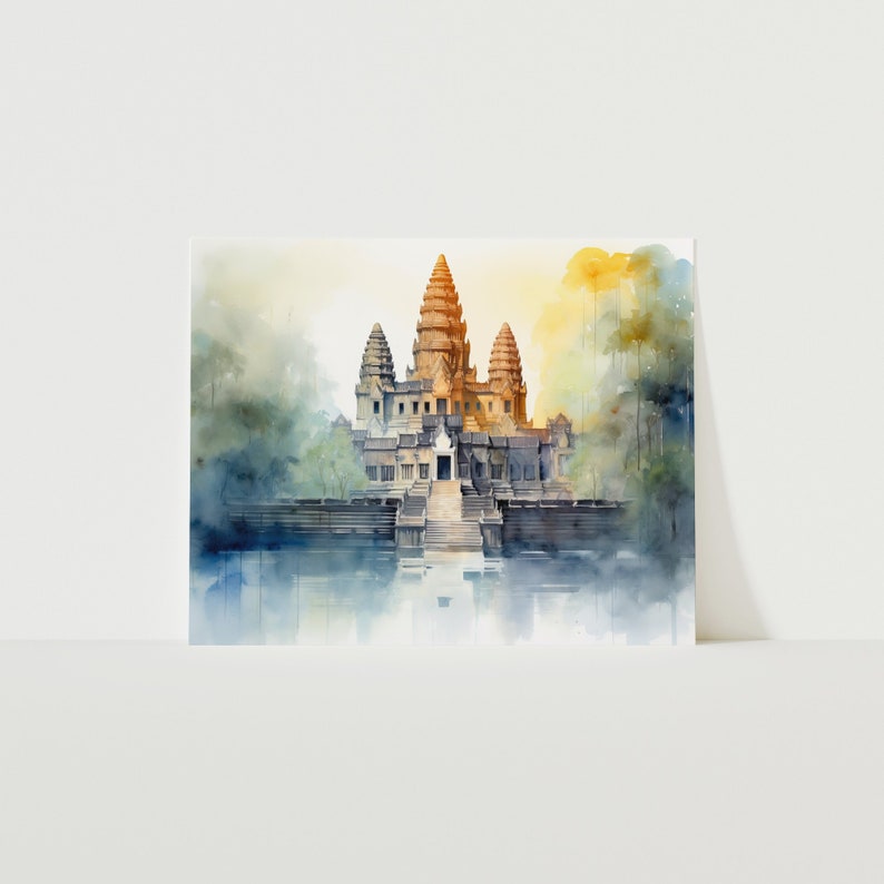 Angkor Wat Watercolor Art, Cambodian Temple Print, Southeast Asia Decor ...