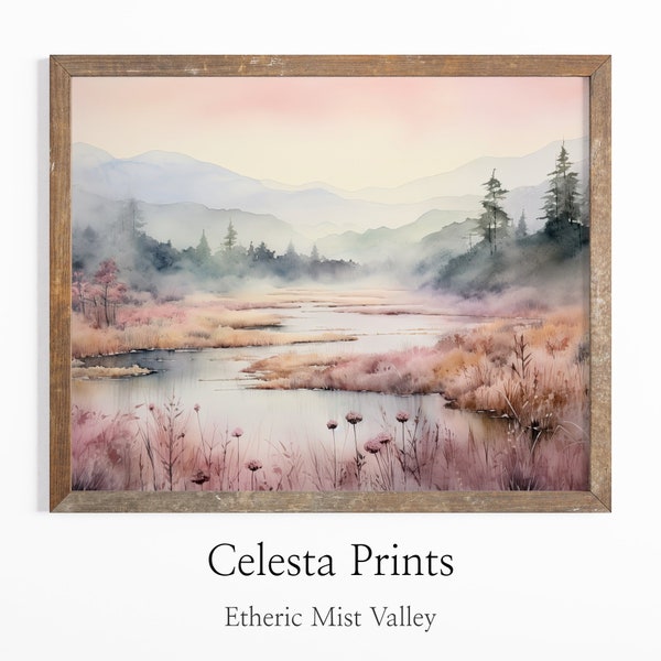 Etheric Mist Valley Watercolor Print, Enchanted Landscape Art, Fantasy Decor, Downloadable Watercolor Art Printable