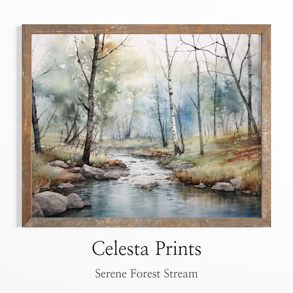 Serene Forest Stream Watercolor Painting, Tranquil Stream Art, Nature Decor, Downloadable Watercolor Art Printable