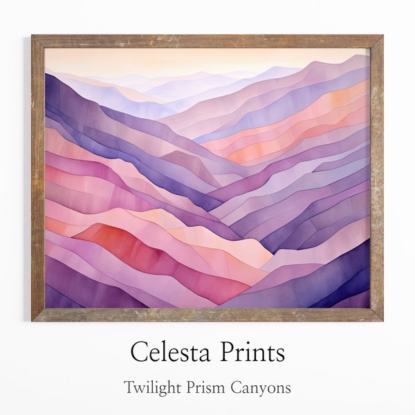 Twilight Prism Canyons Watercolor Painting, Colorful Canyon Art, Surreal Decor, Downloadable Watercolor Art Printable