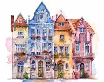 Colorful Watercolor Houses Clipart Set, Whimsical Village Art, Fantasy Town Illustration, Digital JPG