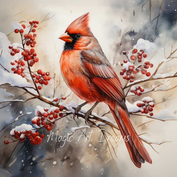 Watercolour Christmas Red Cardinal Clipart, 16High Quality JPGs, Digital Download, Commercial Use, Card Making, Digital Paper Craft