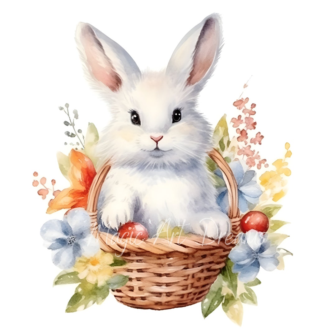 Watercolor Easter White Fluffy Rabbit in a Basket With Spring Flowers ...