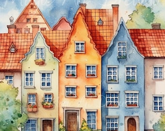 Watercolor Colorful Houses Clipart Set, Whimsical Village Illustrations, Fantasy Town Art, JPG Digital Download