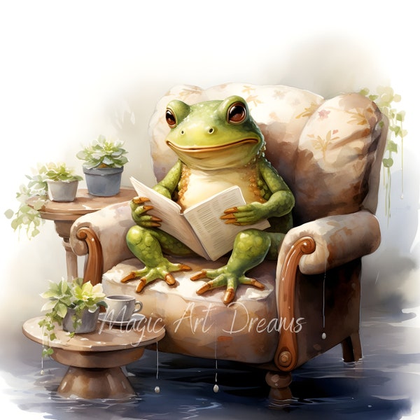 Watercolor Clipart of a fabulous toad reading a book, 20 JPGs, digital print,  frog illustration set, Toad stickers, Scrapbook Junk Journal